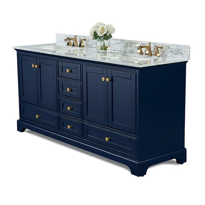 Ancerre Designs Audrey 72" 4-Door 6-Drawers Heritage Blue Bathroom Vanity With White Marble Vanity Top, Double Undermount Ceramic Sink, 4" Solid Wood Backsplash and Satin Brushed Gold Hardware