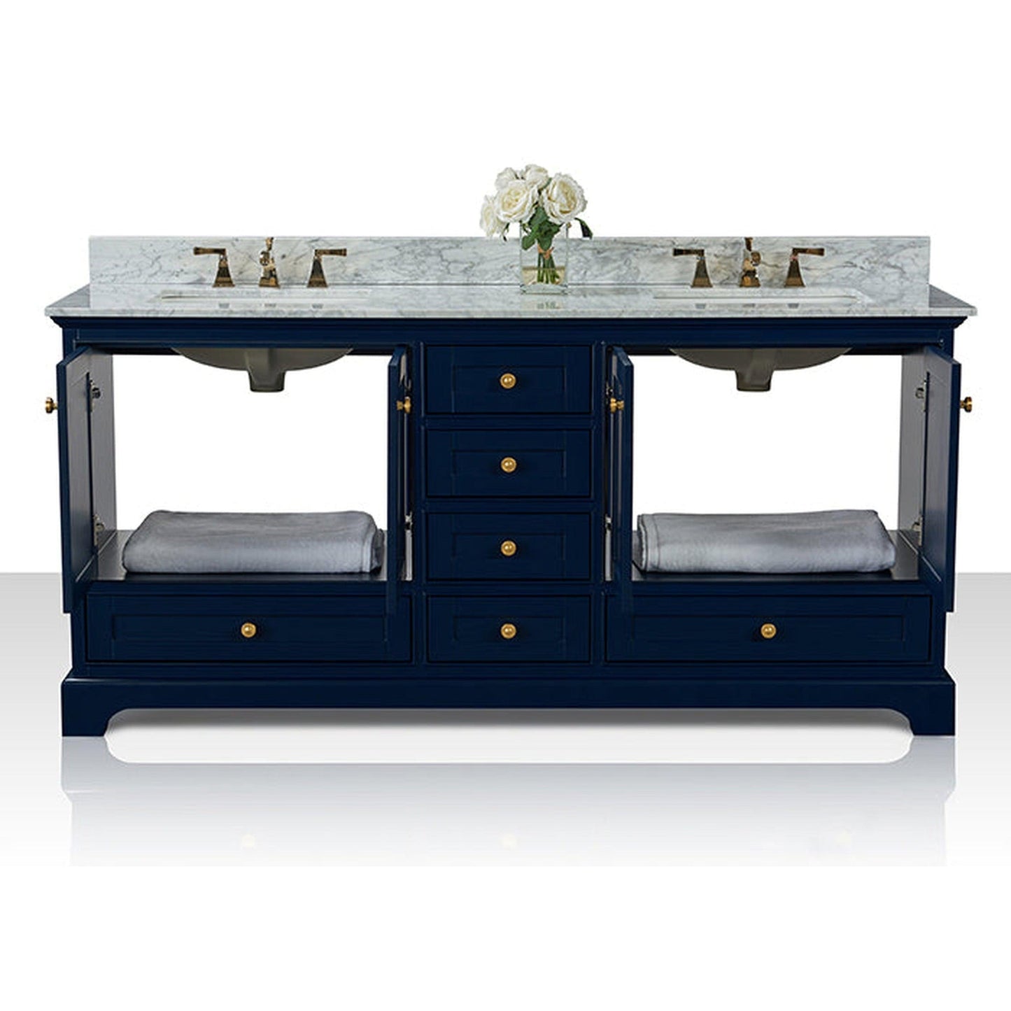 Ancerre Designs Audrey 72" 4-Door 6-Drawers Heritage Blue Bathroom Vanity With White Marble Vanity Top, Double Undermount Ceramic Sink, 4" Solid Wood Backsplash and Satin Brushed Gold Hardware