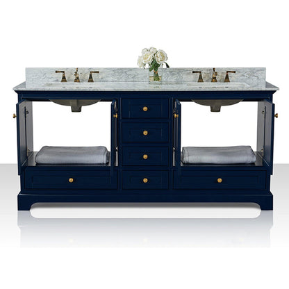 Ancerre Designs Audrey 72" 4-Door 6-Drawers Heritage Blue Bathroom Vanity With White Marble Vanity Top, Double Undermount Ceramic Sink, 4" Solid Wood Backsplash and Satin Brushed Gold Hardware