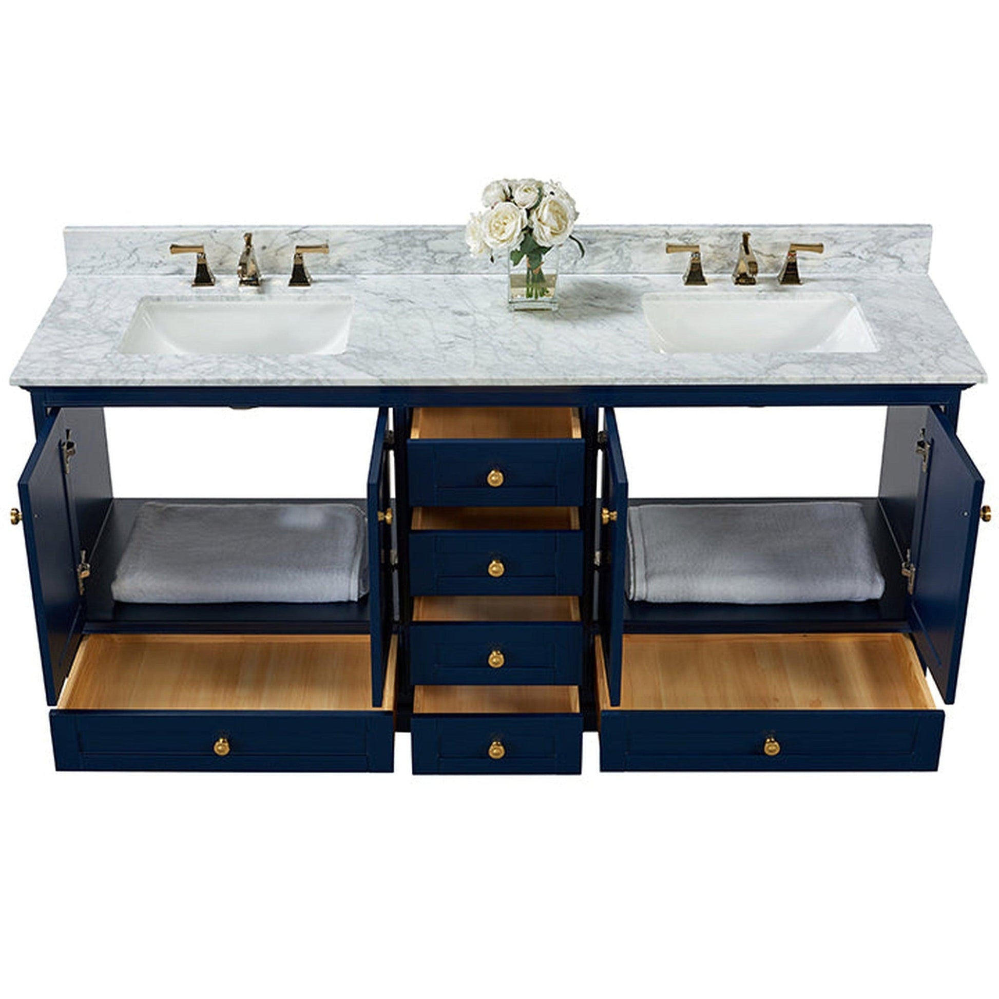 Ancerre Designs Audrey 72" 4-Door 6-Drawers Heritage Blue Bathroom Vanity With White Marble Vanity Top, Double Undermount Ceramic Sink, 4" Solid Wood Backsplash and Satin Brushed Gold Hardware