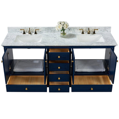 Ancerre Designs Audrey 72" 4-Door 6-Drawers Heritage Blue Bathroom Vanity With White Marble Vanity Top, Double Undermount Ceramic Sink, 4" Solid Wood Backsplash and Satin Brushed Gold Hardware