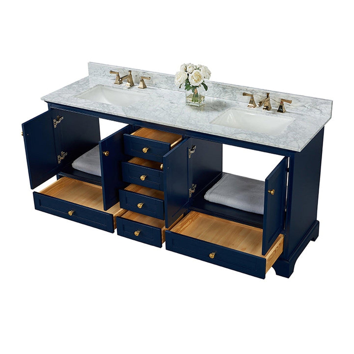 Ancerre Designs Audrey 72" 4-Door 6-Drawers Heritage Blue Bathroom Vanity With White Marble Vanity Top, Double Undermount Ceramic Sink, 4" Solid Wood Backsplash and Satin Brushed Gold Hardware