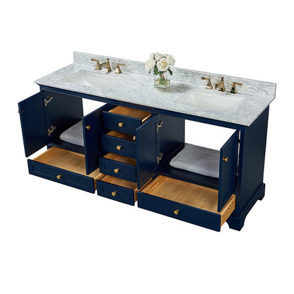 Ancerre Designs Audrey 72" 4-Door 6-Drawers Heritage Blue Bathroom Vanity With White Marble Vanity Top, Double Undermount Ceramic Sink, 4" Solid Wood Backsplash and Satin Brushed Gold Hardware