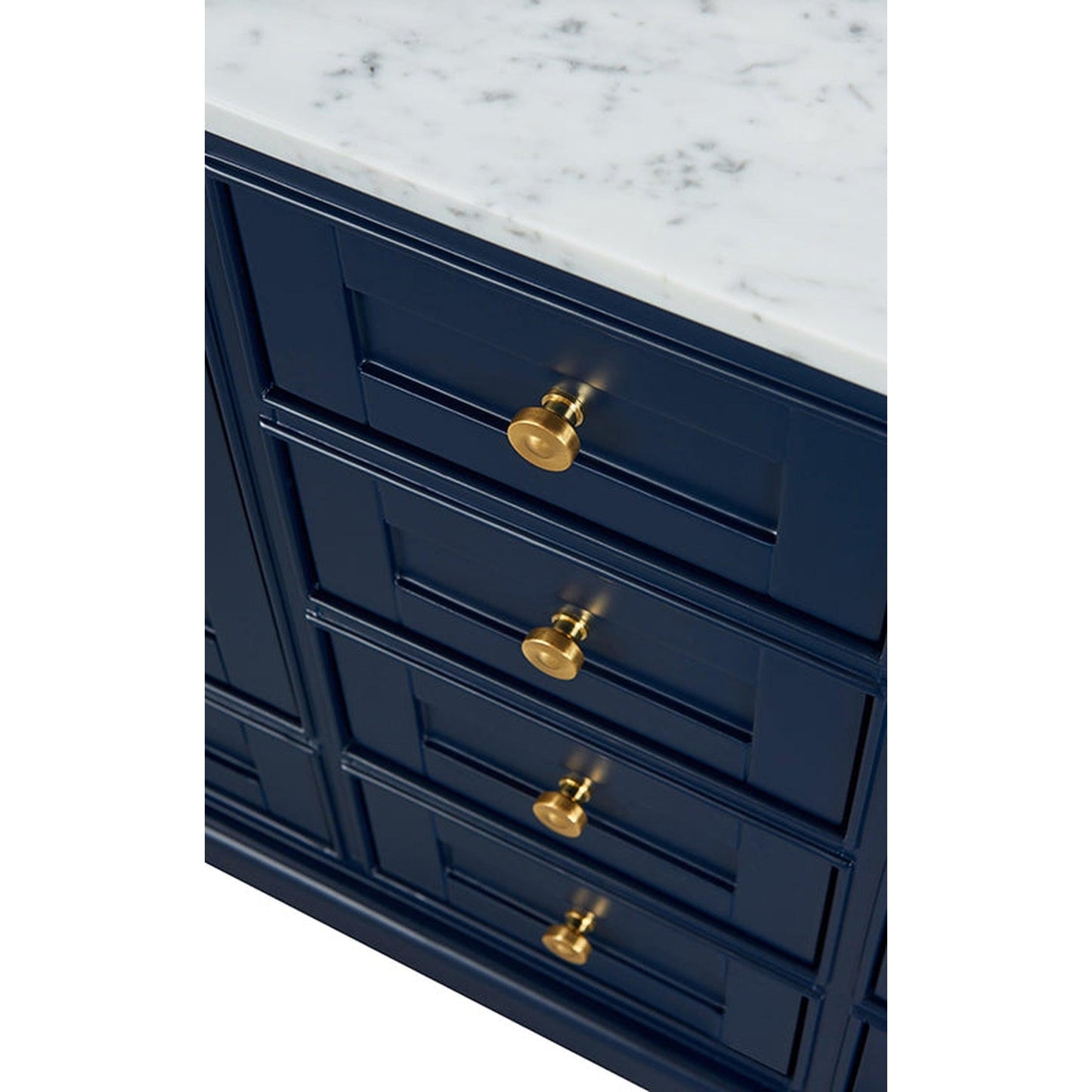 Ancerre Designs Audrey 72" 4-Door 6-Drawers Heritage Blue Bathroom Vanity With White Marble Vanity Top, Double Undermount Ceramic Sink, 4" Solid Wood Backsplash and Satin Brushed Gold Hardware