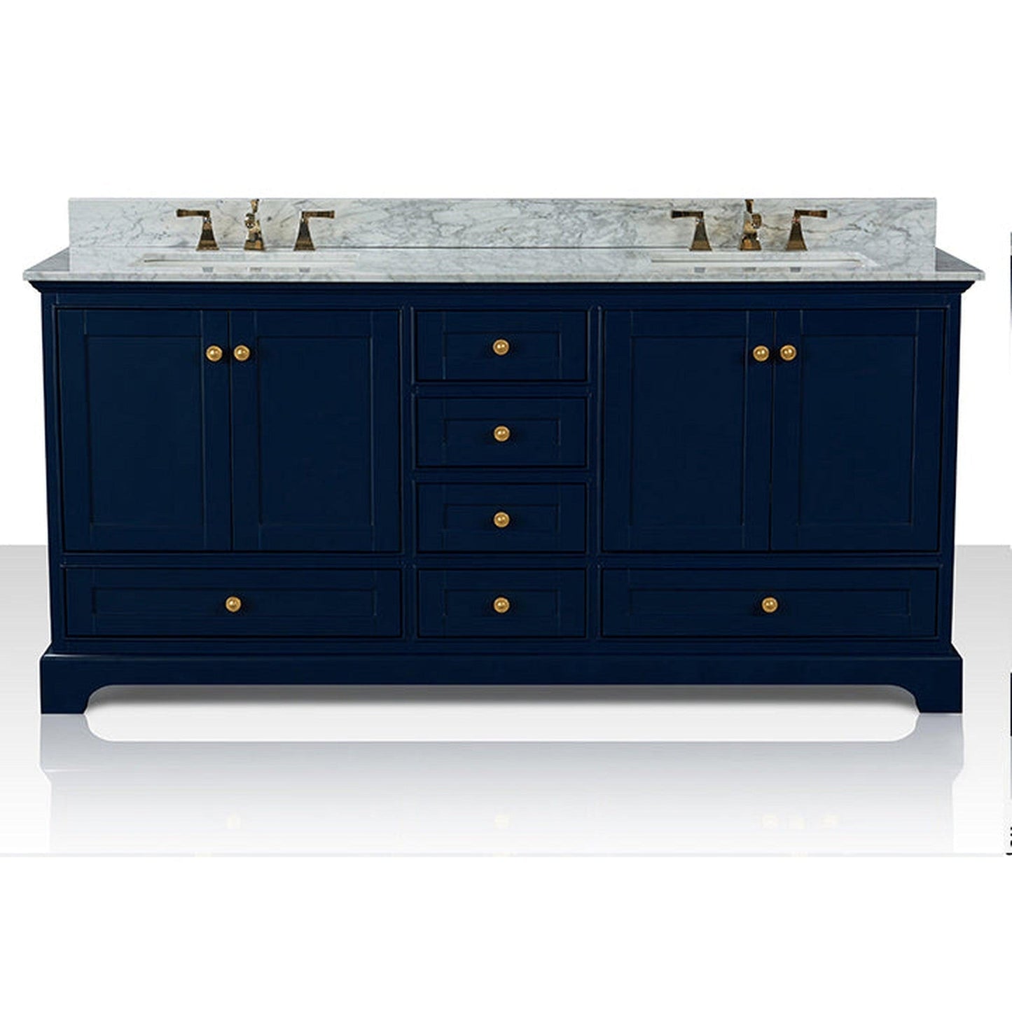 Ancerre Designs Audrey 72" 4-Door 6-Drawers Heritage Blue Bathroom Vanity With White Marble Vanity Top, Double Undermount Ceramic Sink, 4" Solid Wood Backsplash and Satin Brushed Gold Hardware
