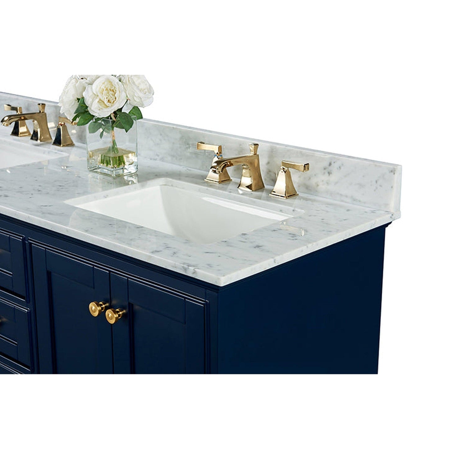Ancerre Designs Audrey 72" 4-Door 6-Drawers Heritage Blue Bathroom Vanity With White Marble Vanity Top, Double Undermount Ceramic Sink, 4" Solid Wood Backsplash and Satin Brushed Gold Hardware