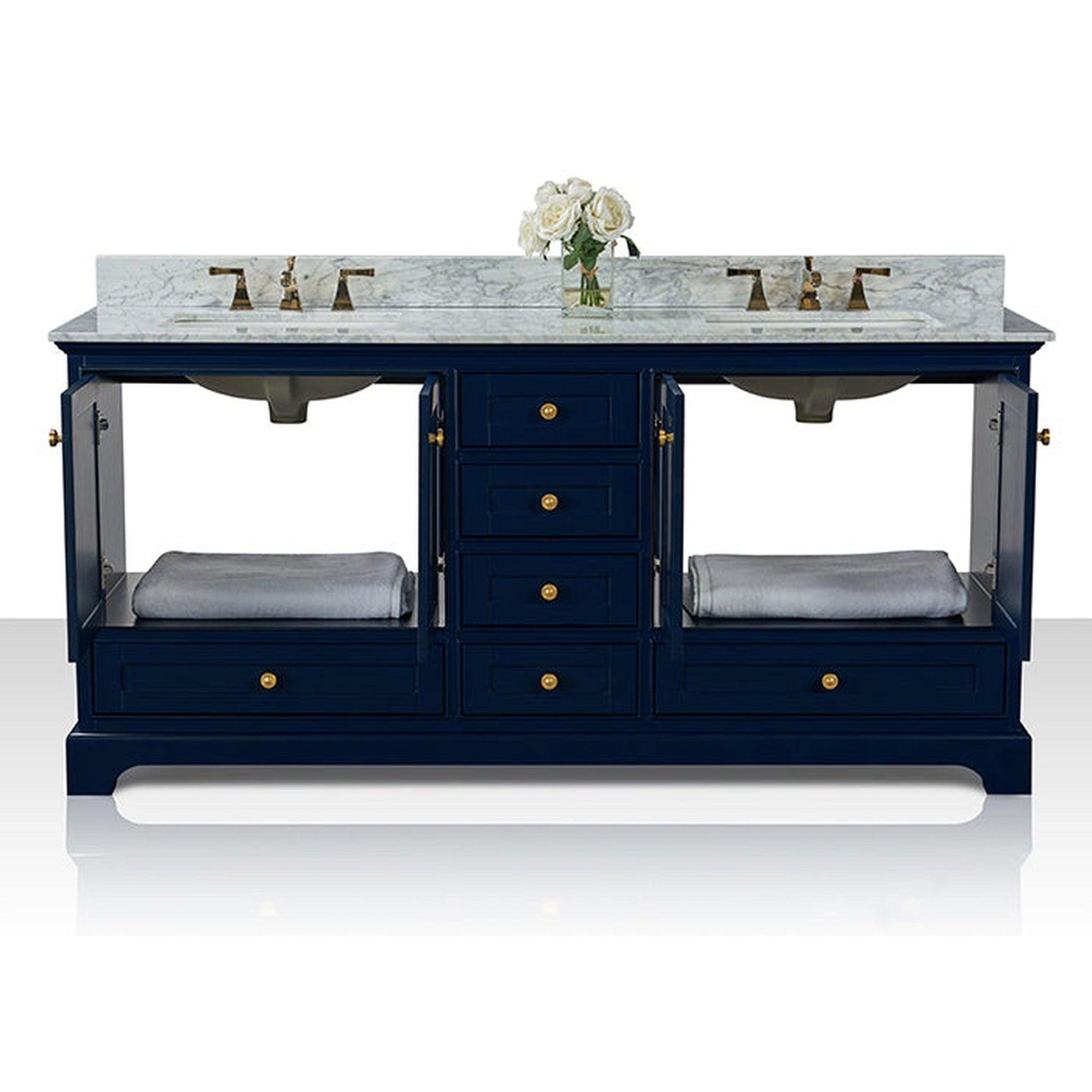 Ancerre Designs Audrey 72" 4-Door 6-Drawers Heritage Blue Bathroom Vanity With White Marble Vanity Top, Double Undermount Ceramic Sink, 4" Solid Wood Backsplash and Satin Brushed Gold Hardware