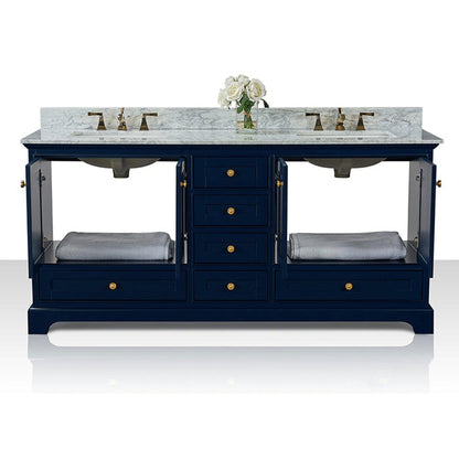 Ancerre Designs Audrey 72" 4-Door 6-Drawers Heritage Blue Bathroom Vanity With White Marble Vanity Top, Double Undermount Ceramic Sink, 4" Solid Wood Backsplash and Satin Brushed Gold Hardware