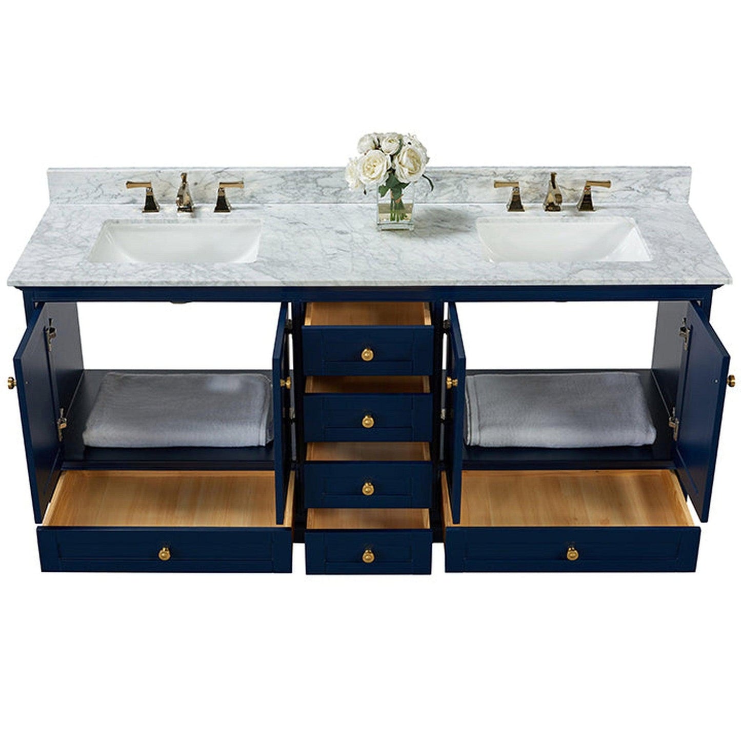 Ancerre Designs Audrey 72" 4-Door 6-Drawers Heritage Blue Bathroom Vanity With White Marble Vanity Top, Double Undermount Ceramic Sink, 4" Solid Wood Backsplash and Satin Brushed Gold Hardware