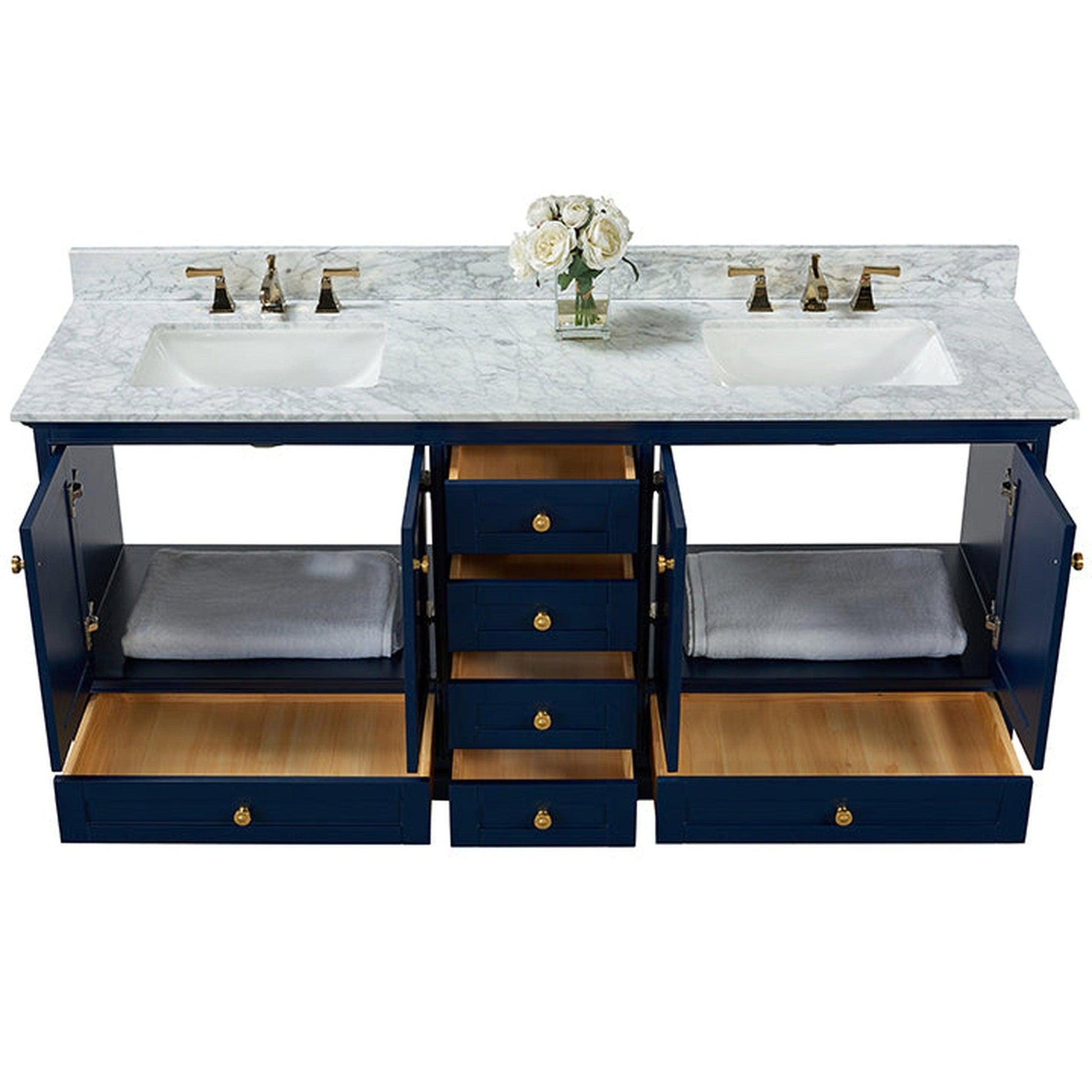 Ancerre Designs Audrey 72" 4-Door 6-Drawers Heritage Blue Bathroom Vanity With White Marble Vanity Top, Double Undermount Ceramic Sink, 4" Solid Wood Backsplash and Satin Brushed Gold Hardware