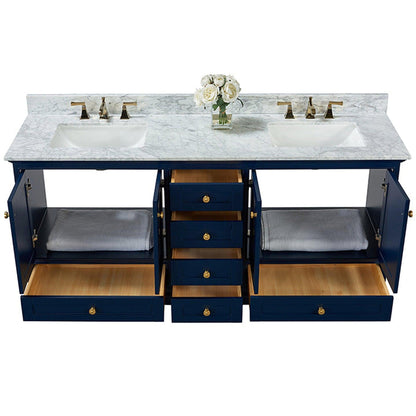 Ancerre Designs Audrey 72" 4-Door 6-Drawers Heritage Blue Bathroom Vanity With White Marble Vanity Top, Double Undermount Ceramic Sink, 4" Solid Wood Backsplash and Satin Brushed Gold Hardware