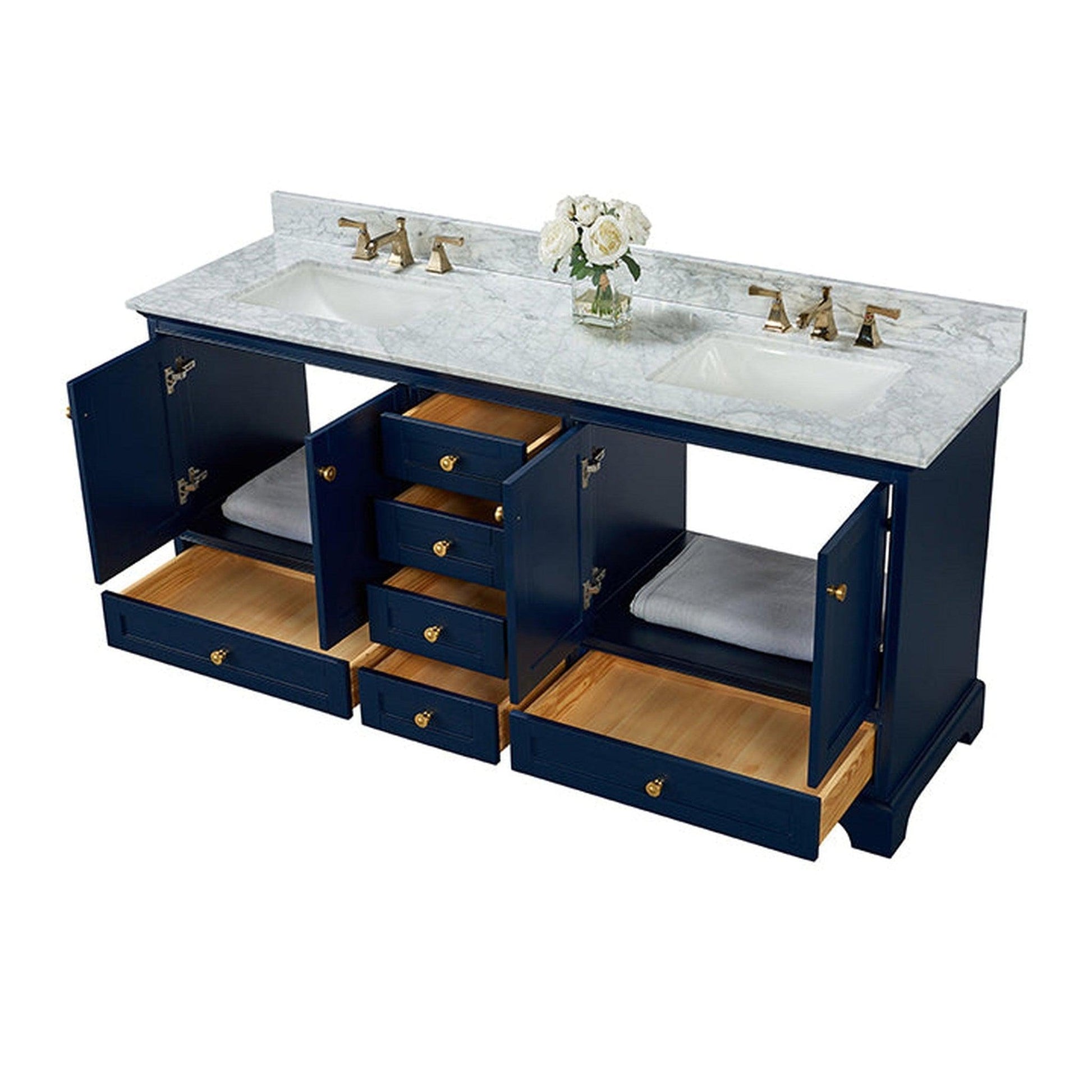 Ancerre Designs Audrey 72" 4-Door 6-Drawers Heritage Blue Bathroom Vanity With White Marble Vanity Top, Double Undermount Ceramic Sink, 4" Solid Wood Backsplash and Satin Brushed Gold Hardware