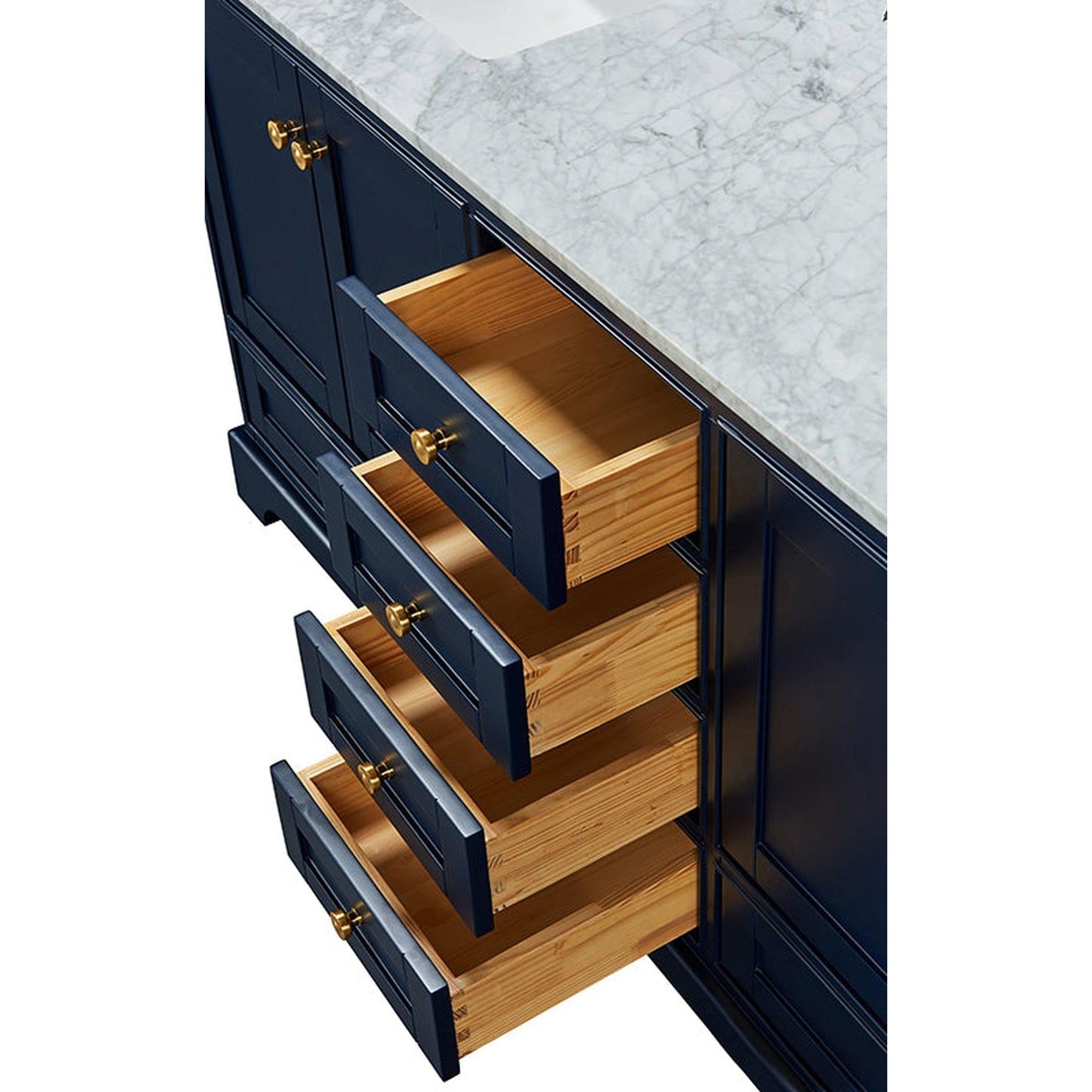 Ancerre Designs Audrey 72" 4-Door 6-Drawers Heritage Blue Bathroom Vanity With White Marble Vanity Top, Double Undermount Ceramic Sink, 4" Solid Wood Backsplash and Satin Brushed Gold Hardware