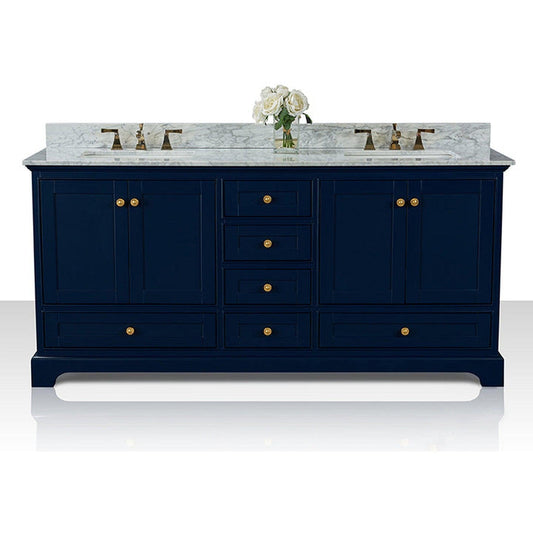 Ancerre Designs Audrey 72" 4-Door 6-Drawers Heritage Blue Bathroom Vanity With White Marble Vanity Top, Double Undermount Ceramic Sink, 4" Solid Wood Backsplash and Satin Brushed Gold Hardware