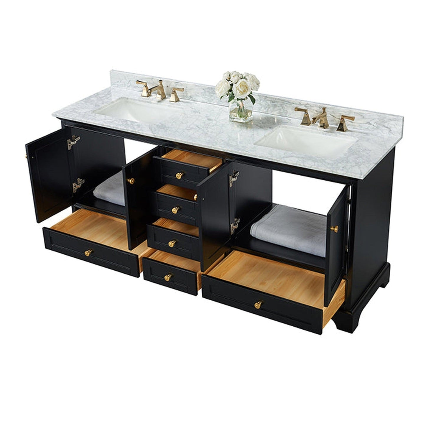 Ancerre Designs Audrey 72" Black Onyx 4-Door 6-Drawer Bathroom Vanity With White Marble Vanity Top, Double Undermount Ceramic Sink, 4” Solid Wood Backsplash and Satin Brushed Gold Hardware