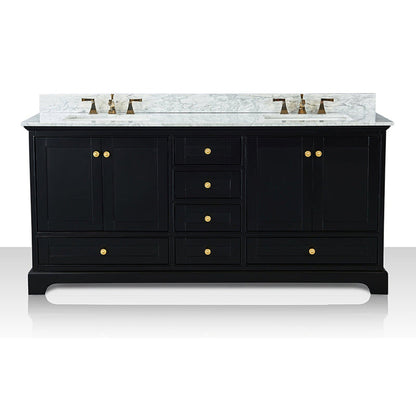 Ancerre Designs Audrey 72" Black Onyx 4-Door 6-Drawer Bathroom Vanity With White Marble Vanity Top, Double Undermount Ceramic Sink, 4” Solid Wood Backsplash and Satin Brushed Gold Hardware