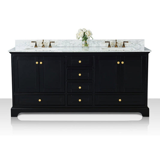 Ancerre Designs Audrey 72" Black Onyx 4-Door 6-Drawer Bathroom Vanity With White Marble Vanity Top, Double Undermount Ceramic Sink, 4” Solid Wood Backsplash and Satin Brushed Gold Hardware