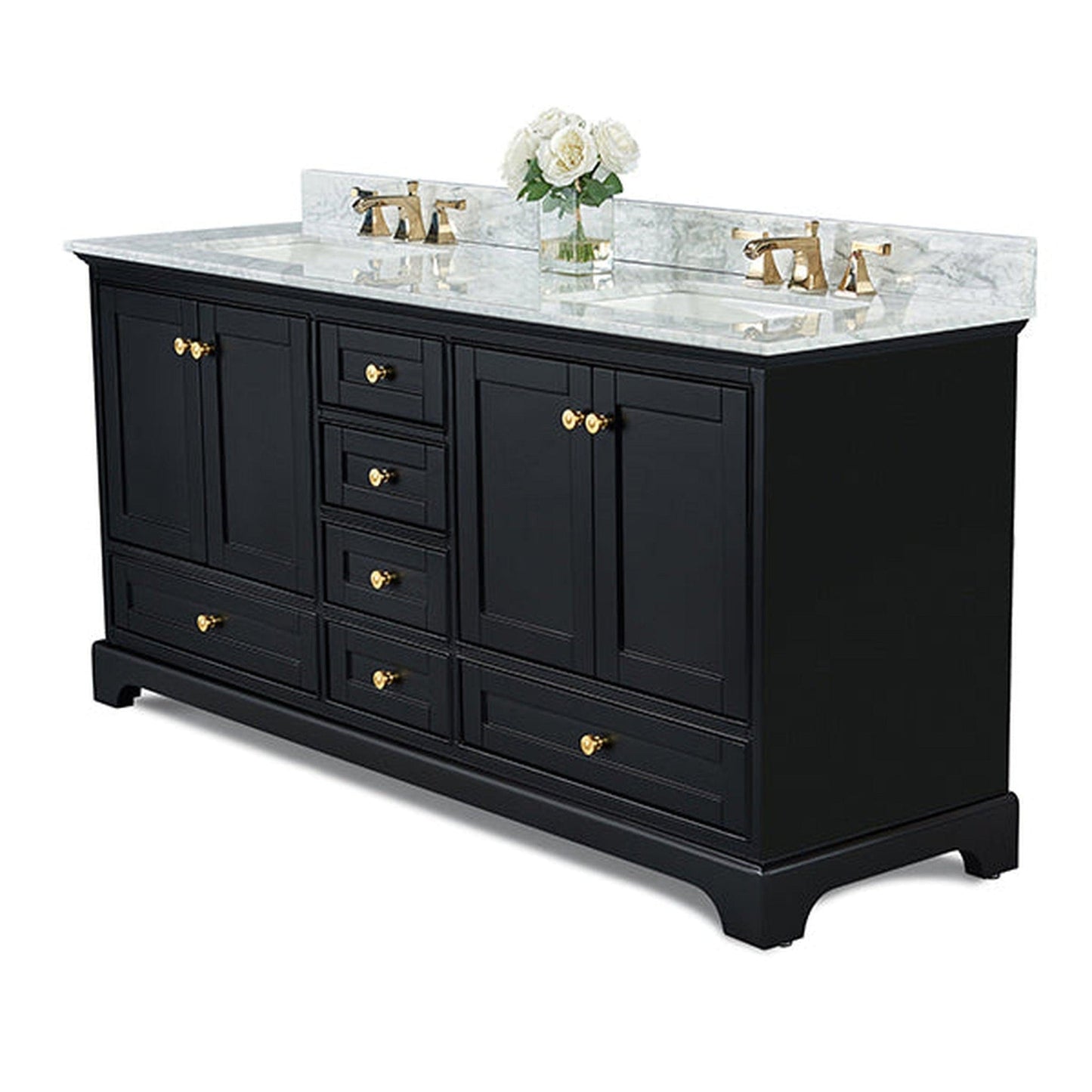 Ancerre Designs Audrey 72" Black Onyx 4-Door 6-Drawer Bathroom Vanity With White Marble Vanity Top, Double Undermount Ceramic Sink, 4” Solid Wood Backsplash and Satin Brushed Gold Hardware