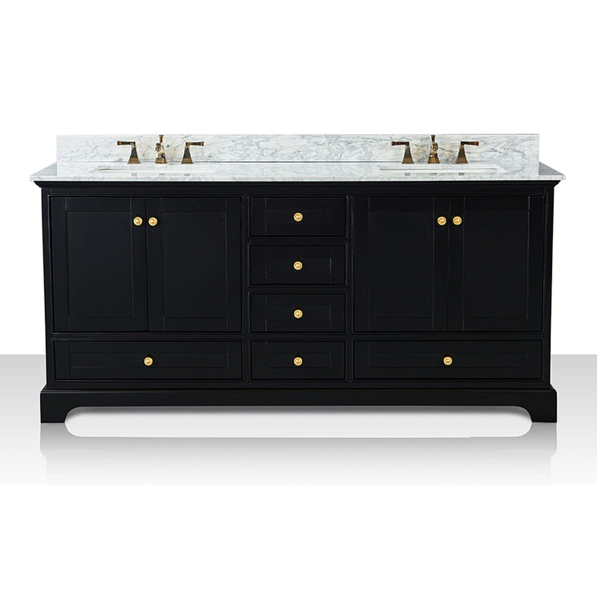 Ancerre Designs Audrey 72" Black Onyx 4-Door 6-Drawer Bathroom Vanity With White Marble Vanity Top, Double Undermount Ceramic Sink, 4” Solid Wood Backsplash and Satin Brushed Gold Hardware