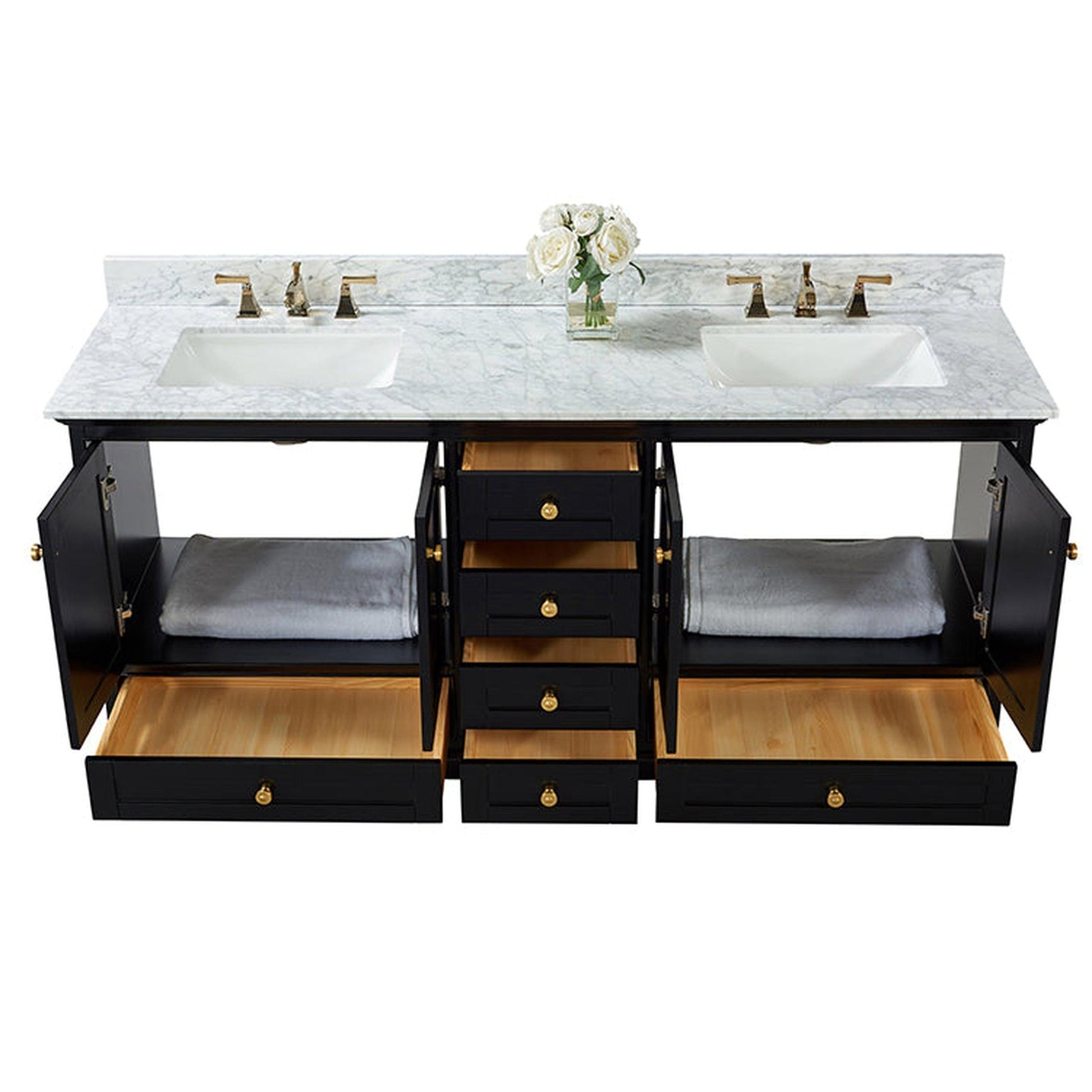 Ancerre Designs Audrey 72" Black Onyx 4-Door 6-Drawer Bathroom Vanity With White Marble Vanity Top, Double Undermount Ceramic Sink, 4” Solid Wood Backsplash and Satin Brushed Gold Hardware