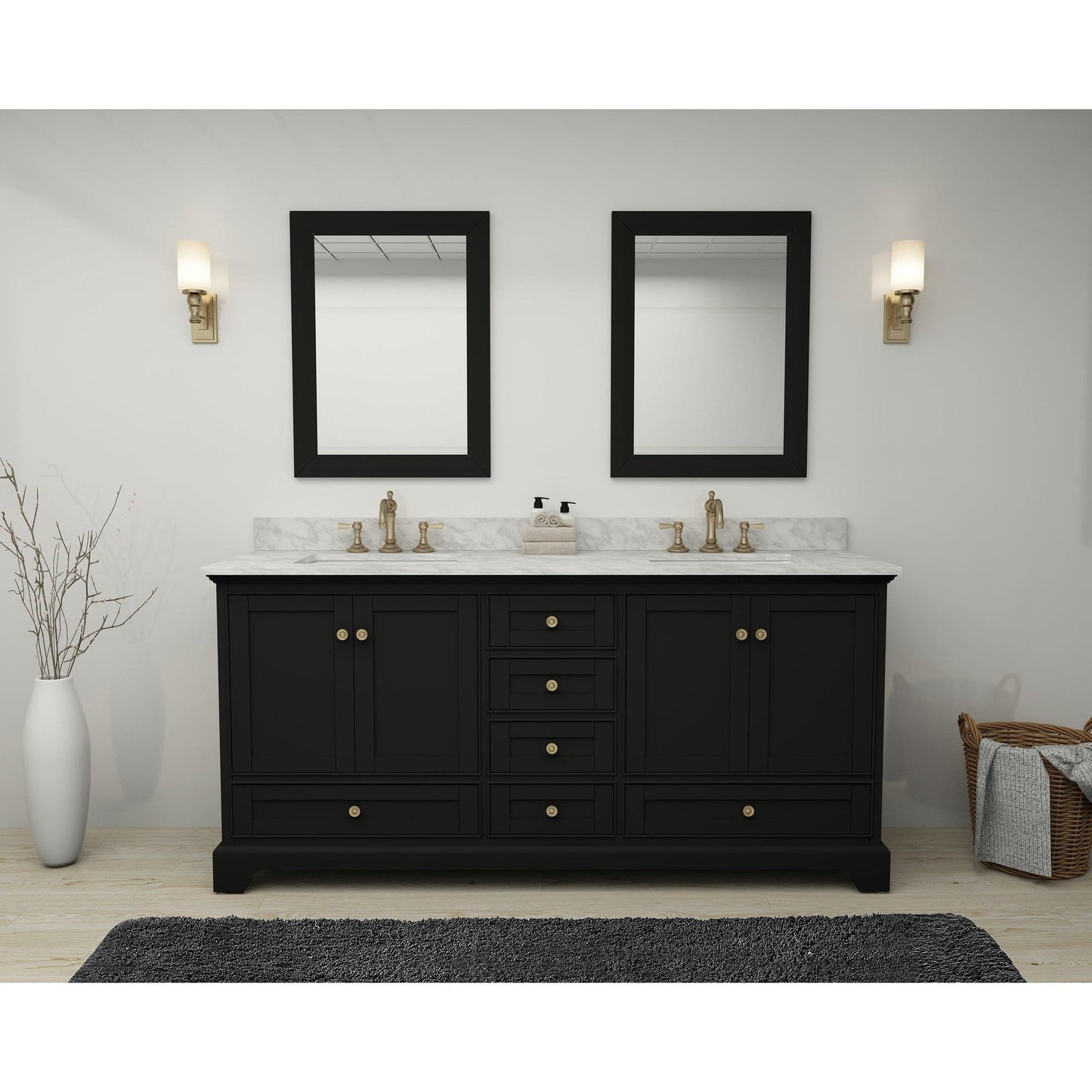 Ancerre Designs Audrey 72" Black Onyx 4-Door 6-Drawer Bathroom Vanity With White Marble Vanity Top, Double Undermount Ceramic Sink, 4” Solid Wood Backsplash and Satin Brushed Gold Hardware