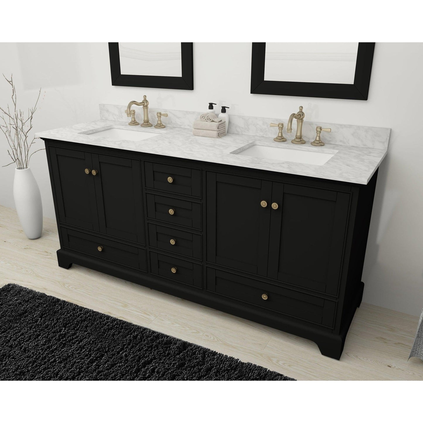 Ancerre Designs Audrey 72" Black Onyx 4-Door 6-Drawer Bathroom Vanity With White Marble Vanity Top, Double Undermount Ceramic Sink, 4” Solid Wood Backsplash and Satin Brushed Gold Hardware
