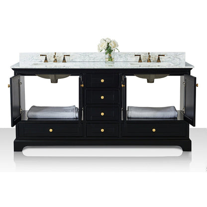 Ancerre Designs Audrey 72" Black Onyx 4-Door 6-Drawer Bathroom Vanity With White Marble Vanity Top, Double Undermount Ceramic Sink, 4” Solid Wood Backsplash and Satin Brushed Gold Hardware