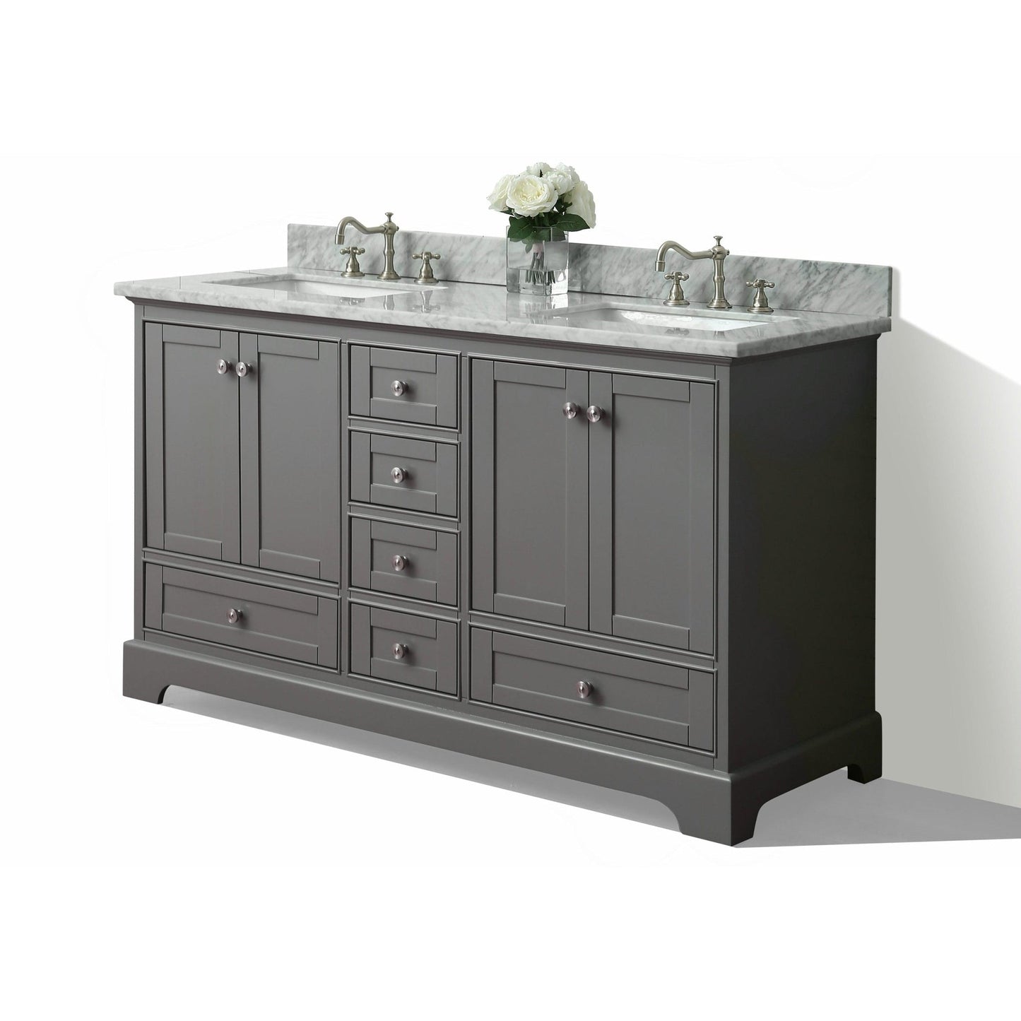 Ancerre Designs Audrey 72" Sapphire Gray 4-Door 6-Drawer Bathroom Vanity With White Marble Vanity Top, Double Undermount Ceramic Sink, 4” Solid Wood Backsplash and Brushed Nickel Finish Hardware