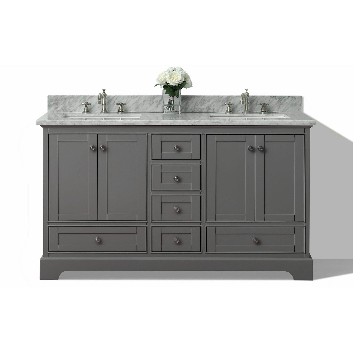 Ancerre Designs Audrey 72" Sapphire Gray 4-Door 6-Drawer Bathroom Vanity With White Marble Vanity Top, Double Undermount Ceramic Sink, 4” Solid Wood Backsplash and Brushed Nickel Finish Hardware