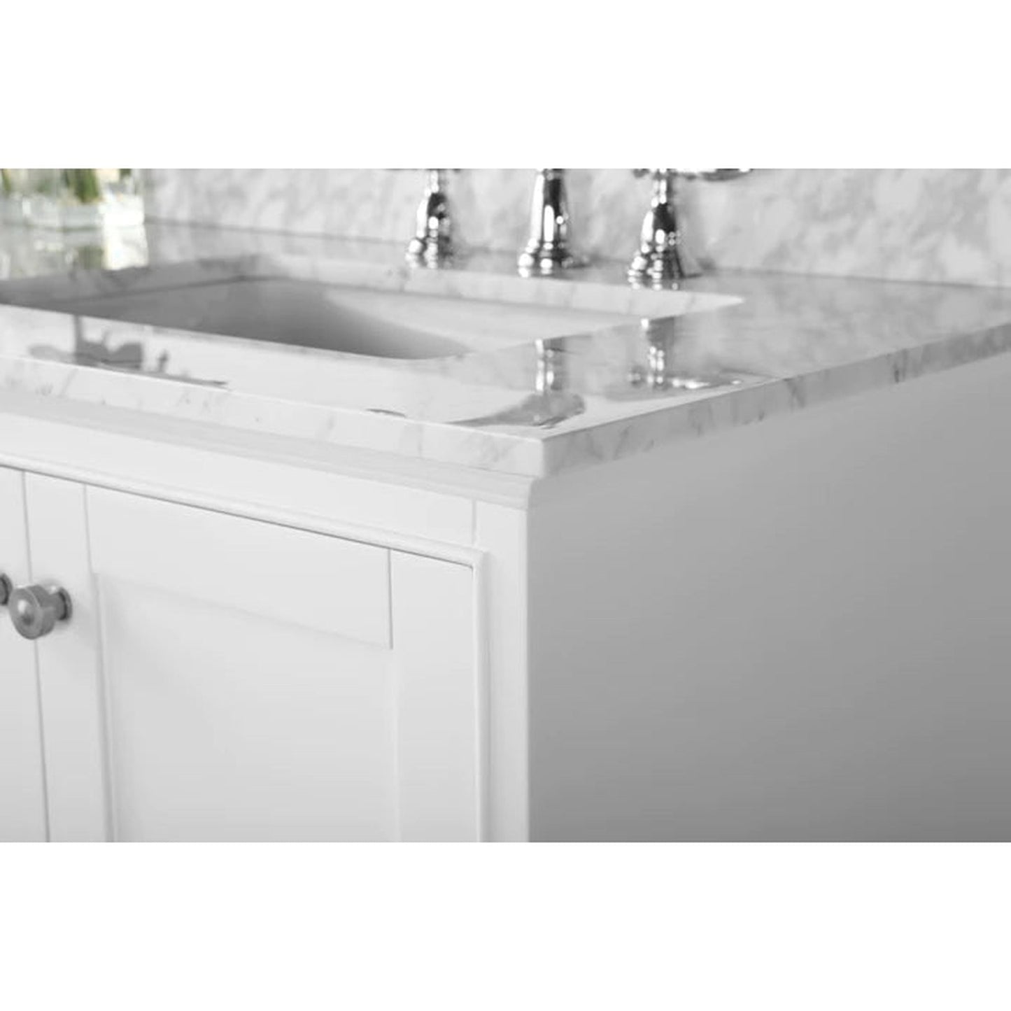 Ancerre Designs Audrey 72" White 4-Door 6-Drawer Bathroom Vanity With White Marble Vanity Top, Double Undermount Ceramic Sink, 4" Solid Wood Backsplash and Brushed Nickel Finish Hardware