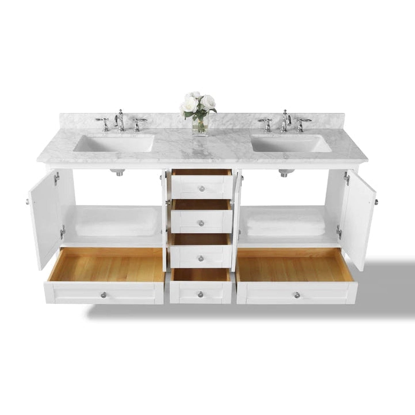 Ancerre Designs Audrey 72" White 4-Door 6-Drawer Bathroom Vanity With White Marble Vanity Top, Double Undermount Ceramic Sink, 4" Solid Wood Backsplash and Brushed Nickel Finish Hardware