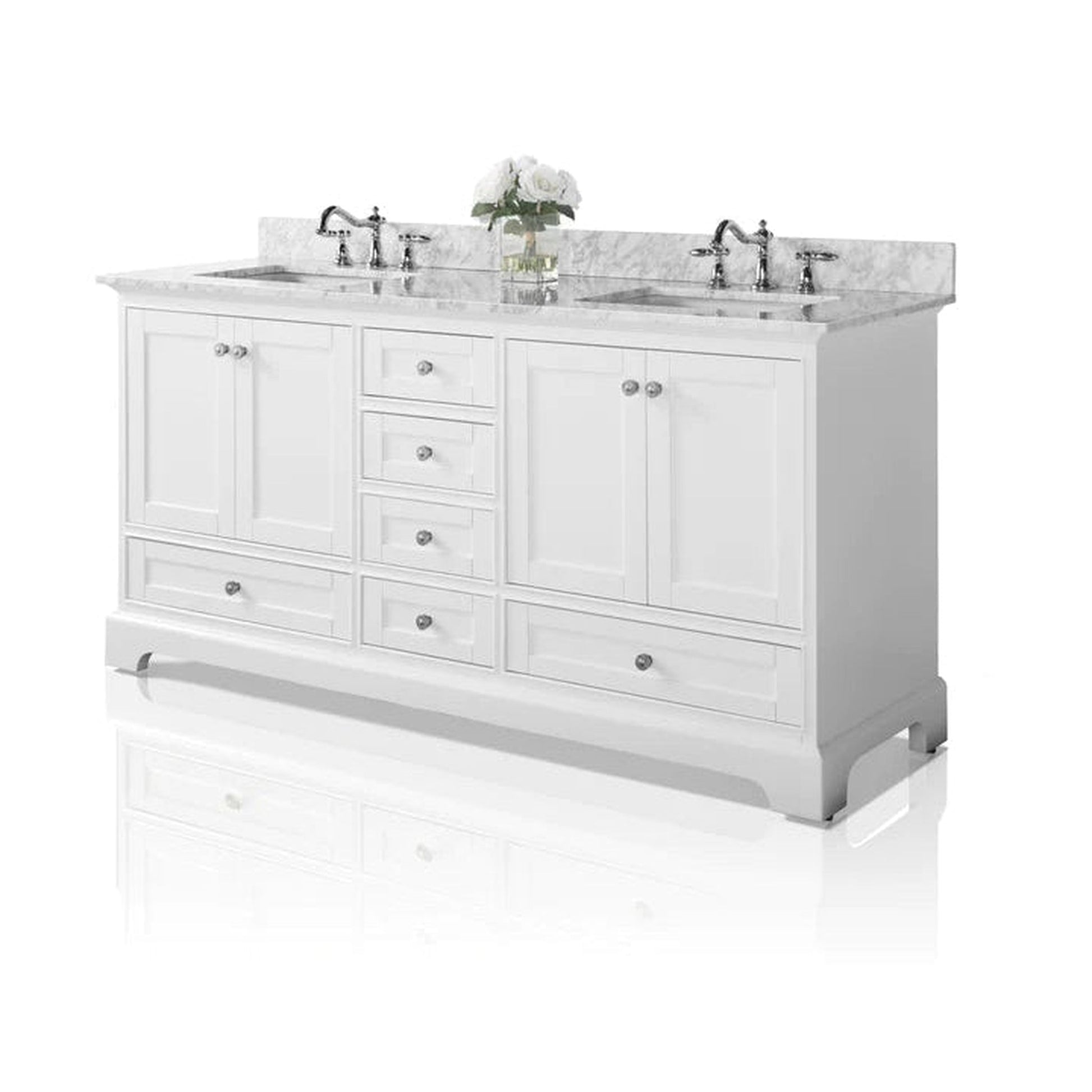 Ancerre Designs Audrey 72" White 4-Door 6-Drawer Bathroom Vanity With White Marble Vanity Top, Double Undermount Ceramic Sink, 4" Solid Wood Backsplash and Brushed Nickel Finish Hardware