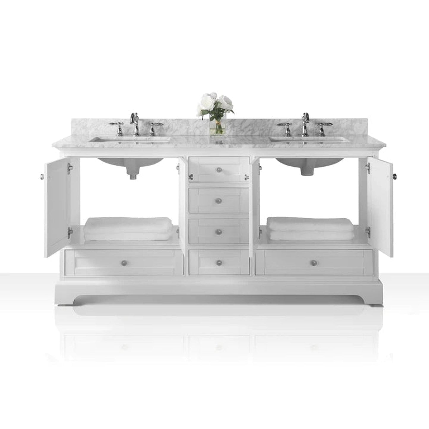 Ancerre Designs Audrey 72" White 4-Door 6-Drawer Bathroom Vanity With White Marble Vanity Top, Double Undermount Ceramic Sink, 4" Solid Wood Backsplash and Brushed Nickel Finish Hardware