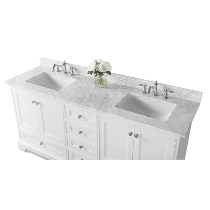 Ancerre Designs Audrey 72" White 4-Door 6-Drawer Bathroom Vanity With White Marble Vanity Top, Double Undermount Ceramic Sink, 4" Solid Wood Backsplash and Brushed Nickel Finish Hardware