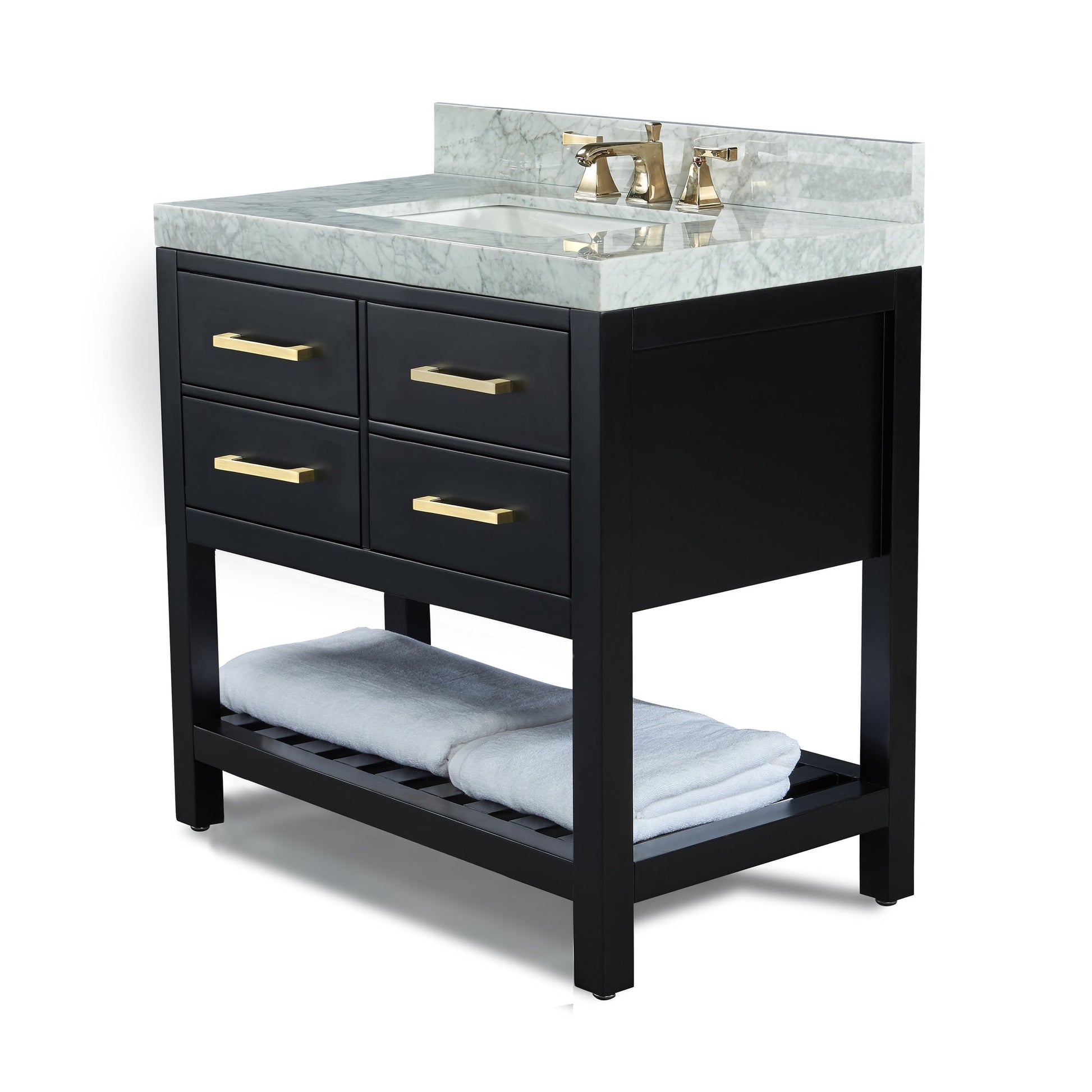 Ancerre Designs Elizabeth 36" Black Onyx 4-Drawers 1-Shelf Bathroom Vanity With Italian Carrara White Marble Vanity Top, Single Undermount Ceramic Sink, 4" Solid Wood Backsplash and Satin Brushed Gold Hardware