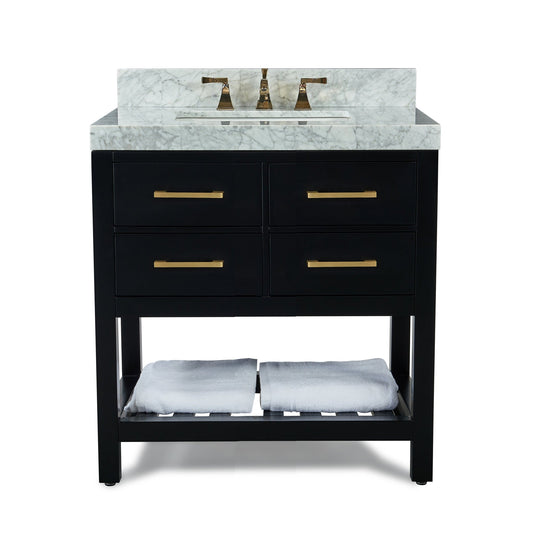 Ancerre Designs Elizabeth 36" Black Onyx 4-Drawers 1-Shelf Bathroom Vanity With Italian Carrara White Marble Vanity Top, Single Undermount Ceramic Sink, 4" Solid Wood Backsplash and Satin Brushed Gold Hardware