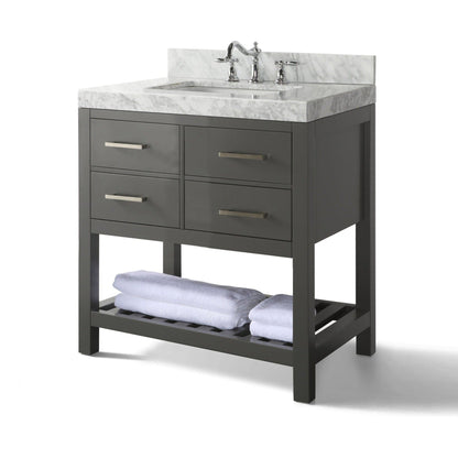 Ancerre Designs Elizabeth 36" Sapphire Gray 4-Drawers 1-Shelf Bathroom Vanity With Italian Carrara White Marble Vanity Top, Single Undermount Ceramic Sink, 4" Solid Wood Backsplash and Brushed Nickel Finish Hardware