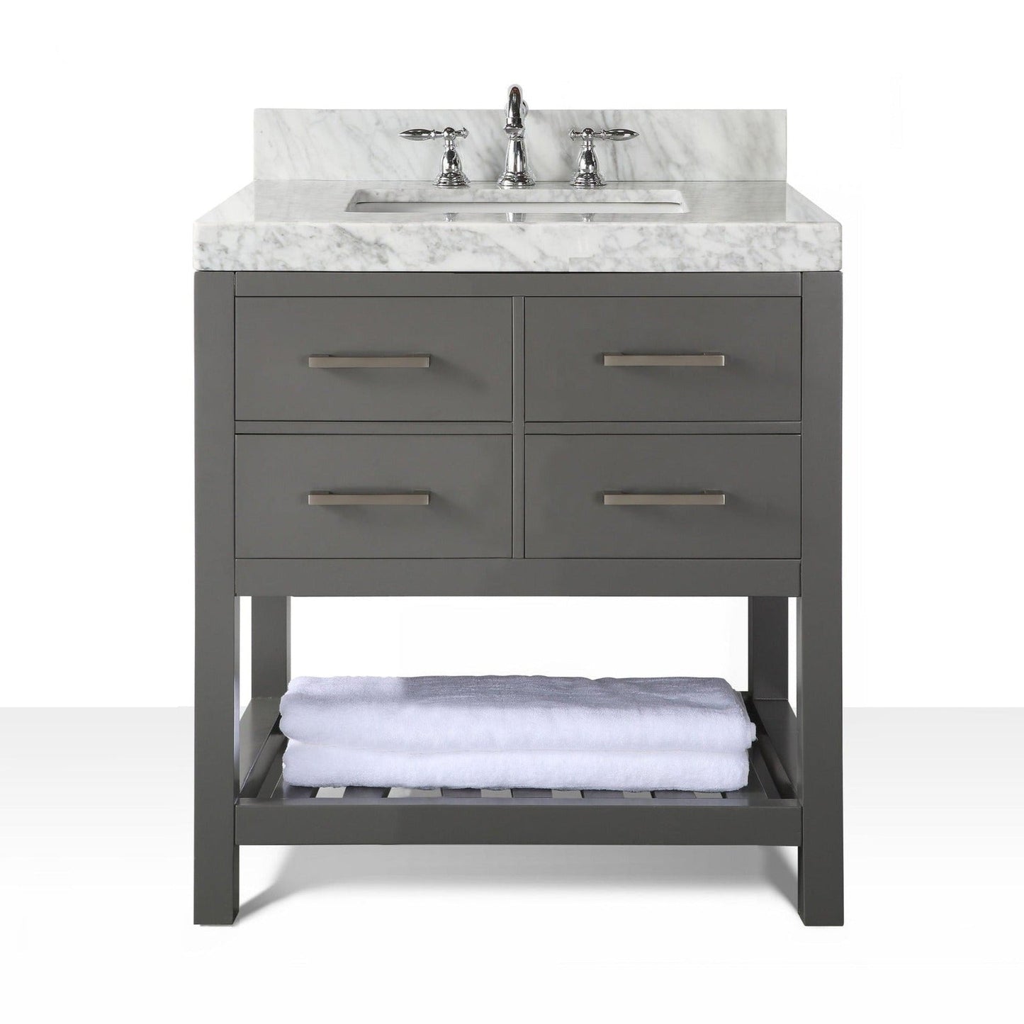 Ancerre Designs Elizabeth 36" Sapphire Gray 4-Drawers 1-Shelf Bathroom Vanity With Italian Carrara White Marble Vanity Top, Single Undermount Ceramic Sink, 4" Solid Wood Backsplash and Brushed Nickel Finish Hardware