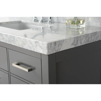 Ancerre Designs Elizabeth 36" Sapphire Gray 4-Drawers 1-Shelf Bathroom Vanity With Italian Carrara White Marble Vanity Top, Single Undermount Ceramic Sink, 4" Solid Wood Backsplash and Brushed Nickel Finish Hardware