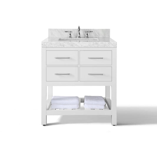 Ancerre Designs Elizabeth 36" White 4-Drawers 1-Shelf Bathroom Vanity With Italian Carrara White Marble Vanity Top, Single Undermount Ceramic Sink, 4" Solid Wood Backsplash and Brushed Nickel Finish Hardware