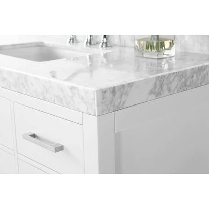 Ancerre Designs Elizabeth 36" White 4-Drawers 1-Shelf Bathroom Vanity With Italian Carrara White Marble Vanity Top, Single Undermount Ceramic Sink, 4" Solid Wood Backsplash and Brushed Nickel Finish Hardware