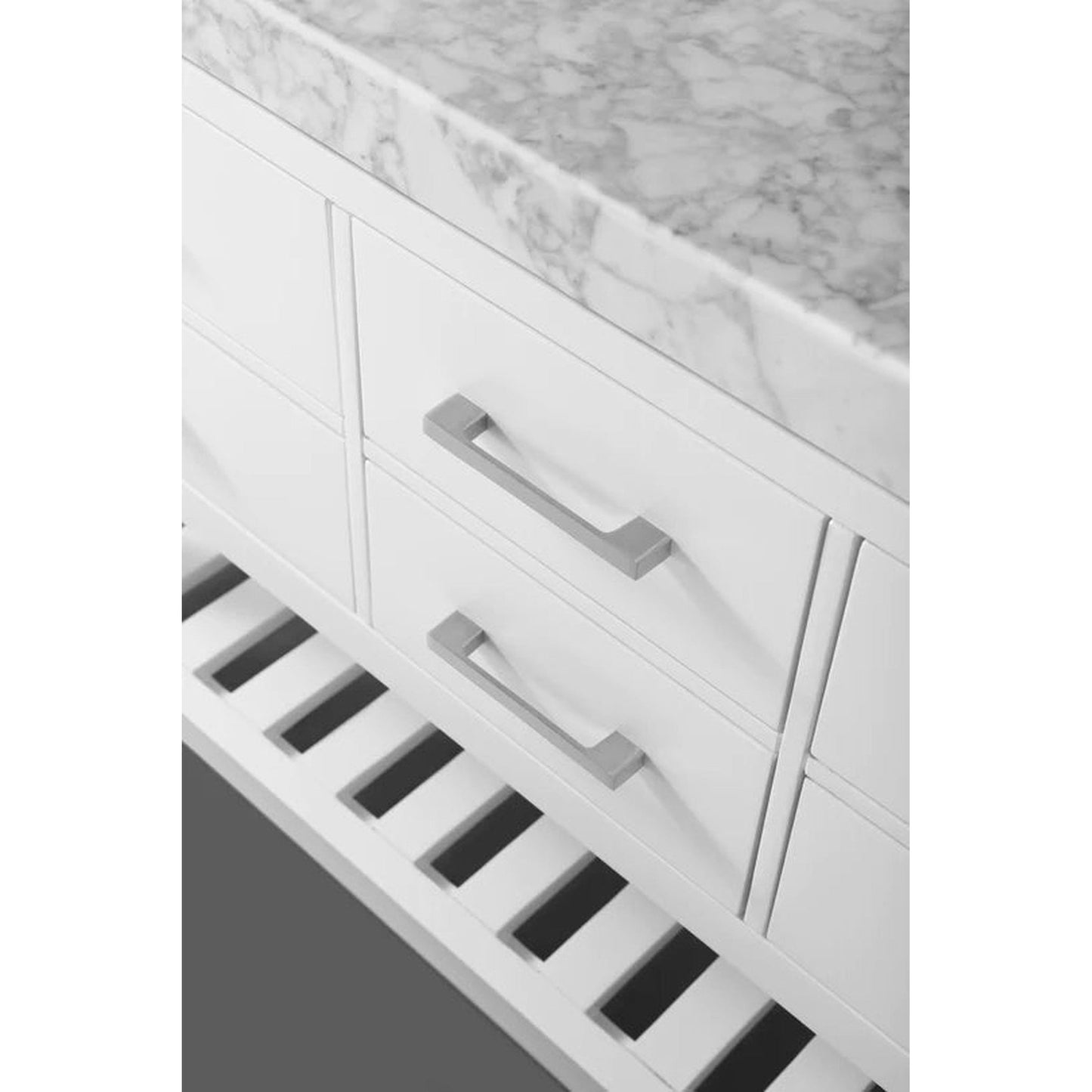 Ancerre Designs Elizabeth 36" White 4-Drawers 1-Shelf Bathroom Vanity With Italian Carrara White Marble Vanity Top, Single Undermount Ceramic Sink, 4" Solid Wood Backsplash and Brushed Nickel Finish Hardware