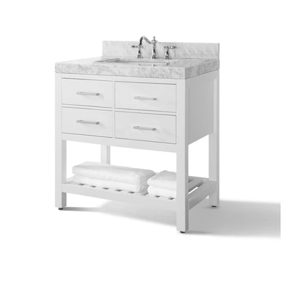 Ancerre Designs Elizabeth 36" White 4-Drawers 1-Shelf Bathroom Vanity With Italian Carrara White Marble Vanity Top, Single Undermount Ceramic Sink, 4" Solid Wood Backsplash and Brushed Nickel Finish Hardware