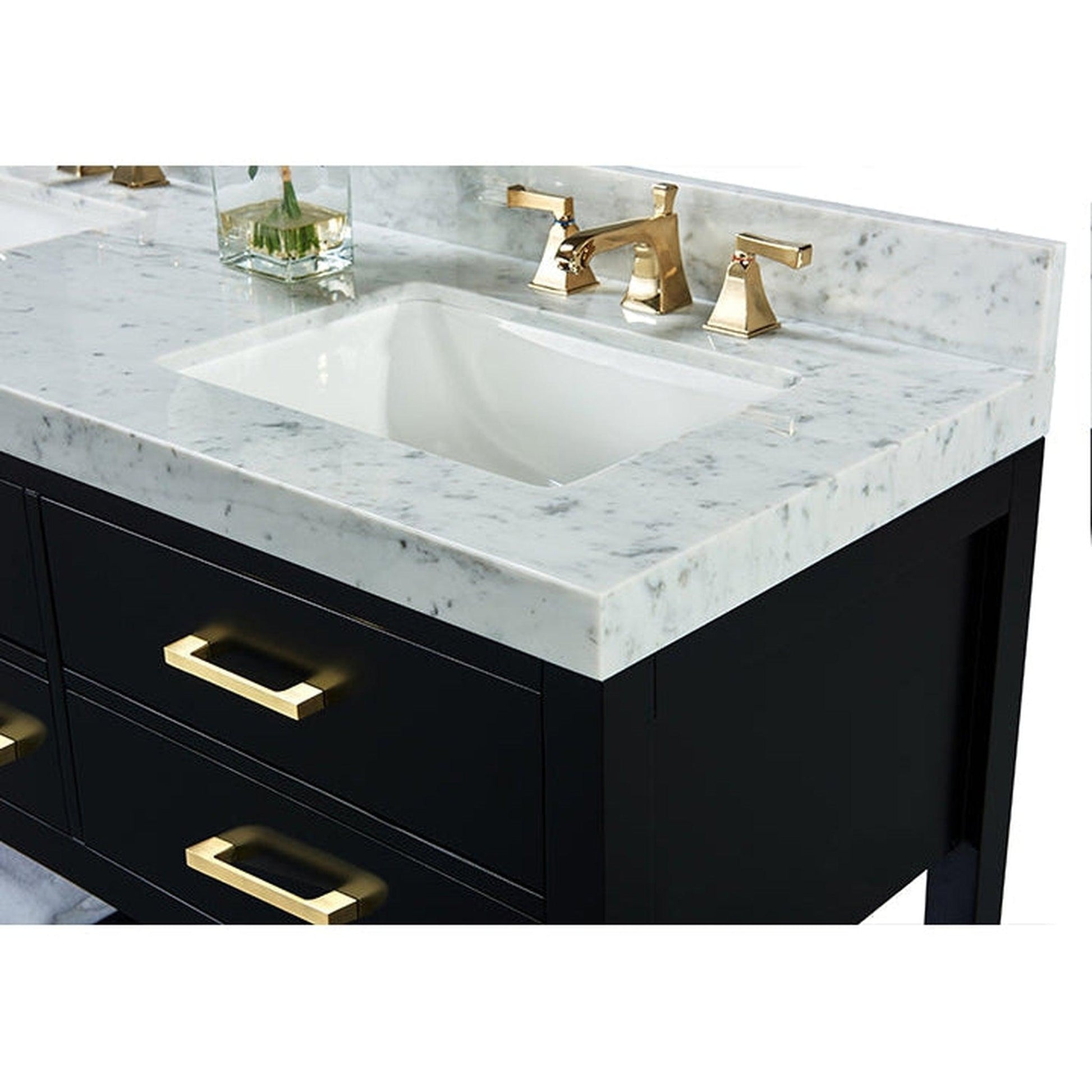 Ancerre Designs Elizabeth 48" Black Onyx 5-Drawers, 1-Shelf Bathroom Vanity With Italian Carrara White Marble Vanity Top, Single Undermount Ceramic Sink, 4" Solid Wood Backsplash and Satin Brushed Gold Hardware