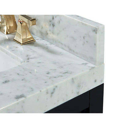 Ancerre Designs Elizabeth 48" Black Onyx 5-Drawers, 1-Shelf Bathroom Vanity With Italian Carrara White Marble Vanity Top, Single Undermount Ceramic Sink, 4" Solid Wood Backsplash and Satin Brushed Gold Hardware