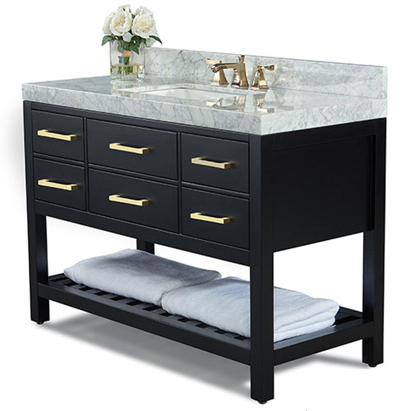 Ancerre Designs Elizabeth 48" Black Onyx 5-Drawers, 1-Shelf Bathroom Vanity With Italian Carrara White Marble Vanity Top, Single Undermount Ceramic Sink, 4" Solid Wood Backsplash and Satin Brushed Gold Hardware