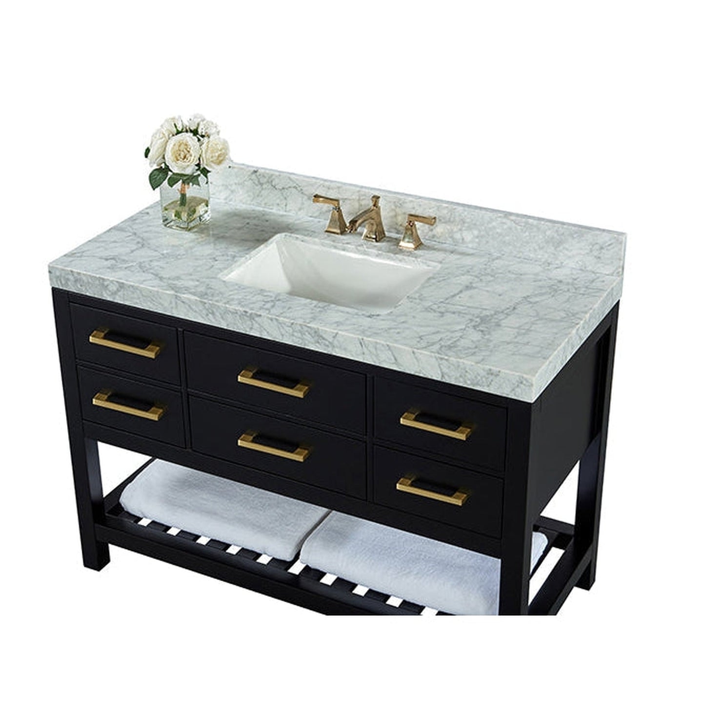 Ancerre Designs Elizabeth 48" Black Onyx 5-Drawers, 1-Shelf Bathroom Vanity With Italian Carrara White Marble Vanity Top, Single Undermount Ceramic Sink, 4" Solid Wood Backsplash and Satin Brushed Gold Hardware