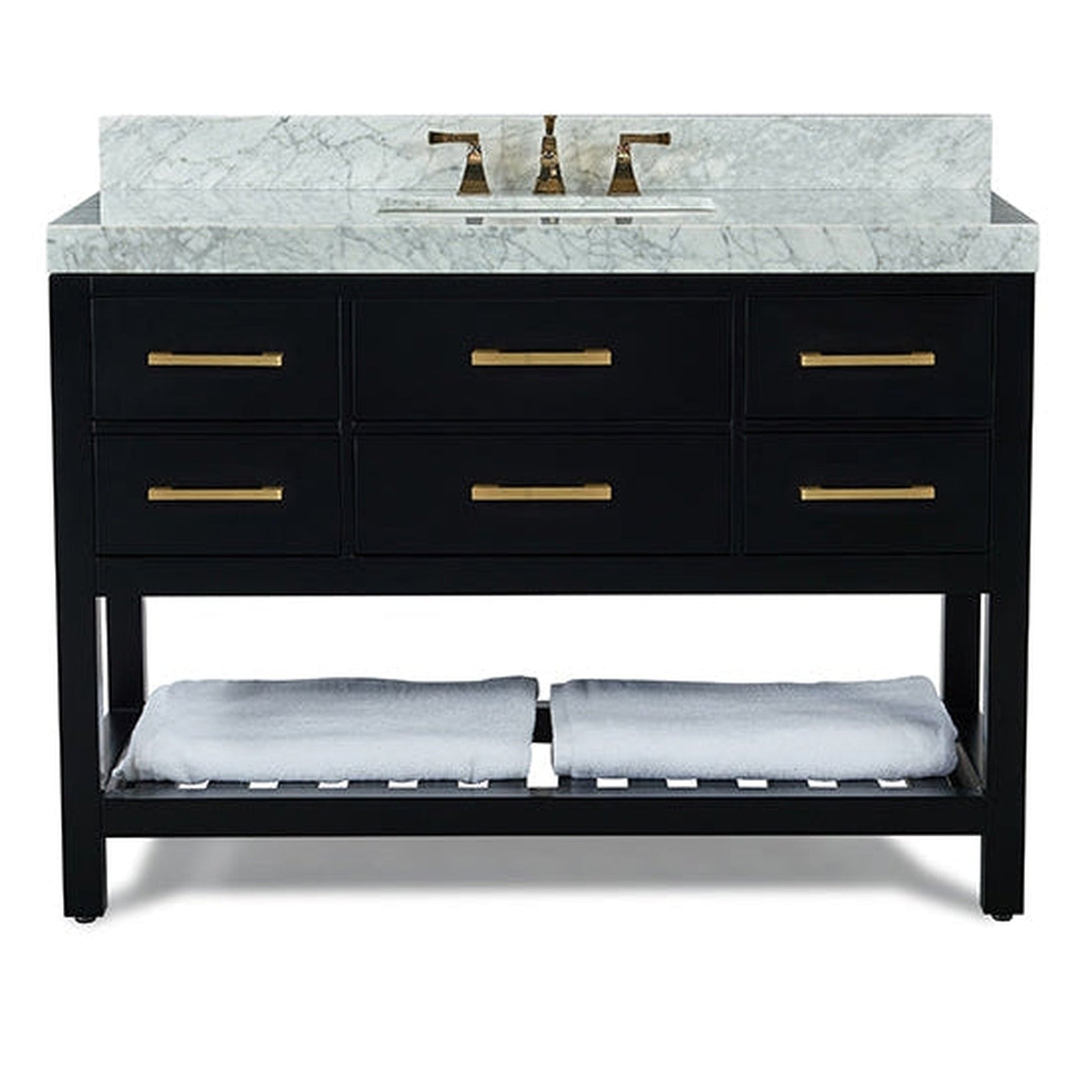 Ancerre Designs Elizabeth 48" Black Onyx 5-Drawers, 1-Shelf Bathroom Vanity With Italian Carrara White Marble Vanity Top, Single Undermount Ceramic Sink, 4" Solid Wood Backsplash and Satin Brushed Gold Hardware