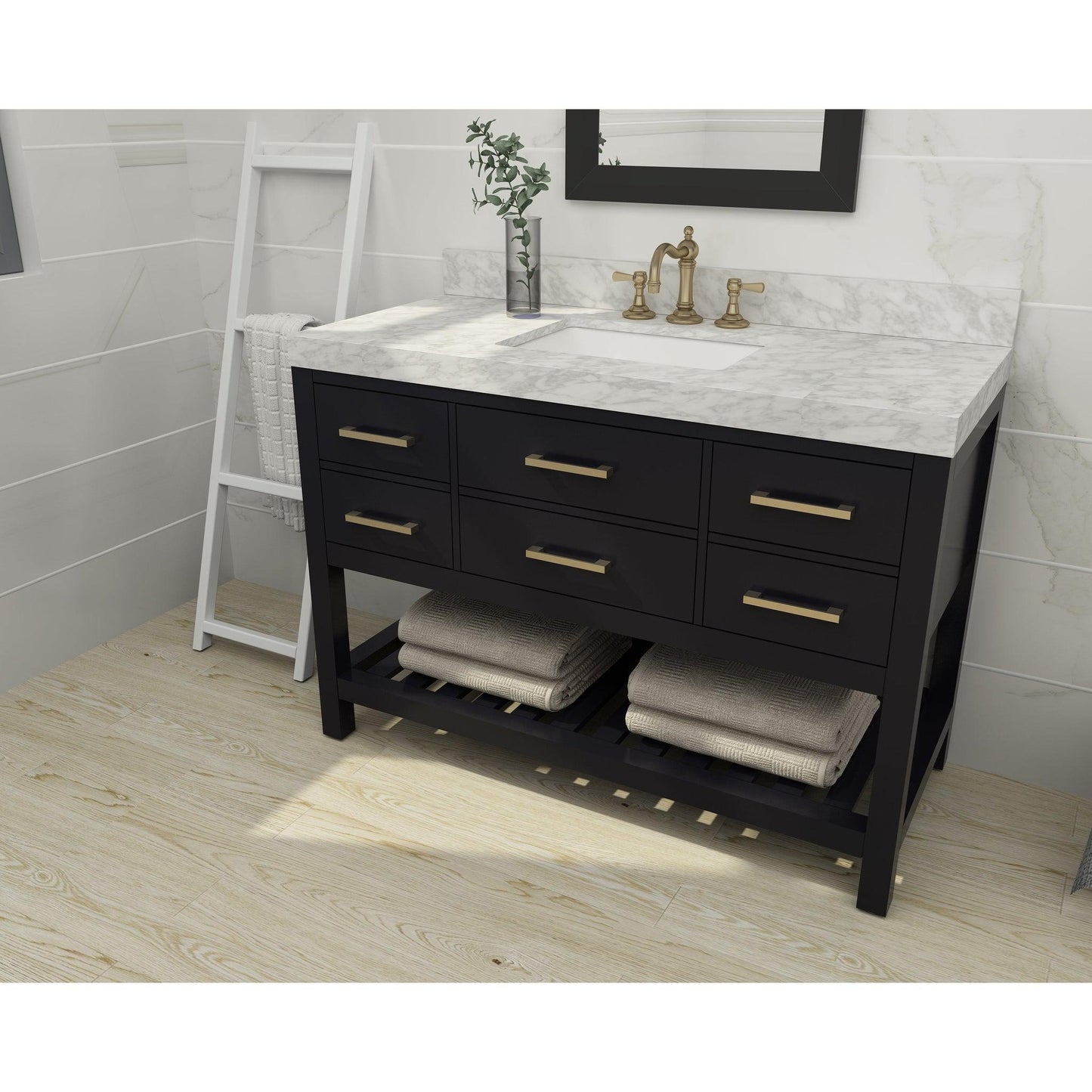 Ancerre Designs Elizabeth 48" Black Onyx 5-Drawers, 1-Shelf Bathroom Vanity With Italian Carrara White Marble Vanity Top, Single Undermount Ceramic Sink, 4" Solid Wood Backsplash and Satin Brushed Gold Hardware