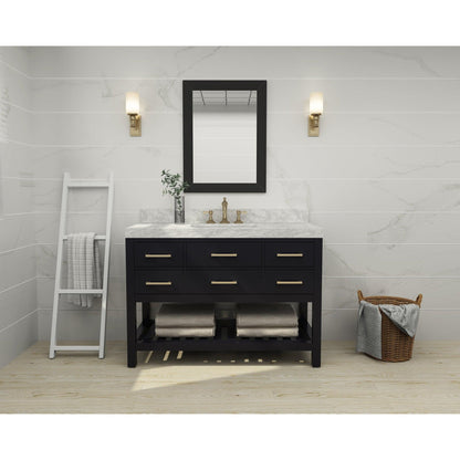 Ancerre Designs Elizabeth 48" Black Onyx 5-Drawers, 1-Shelf Bathroom Vanity With Italian Carrara White Marble Vanity Top, Single Undermount Ceramic Sink, 4" Solid Wood Backsplash and Satin Brushed Gold Hardware